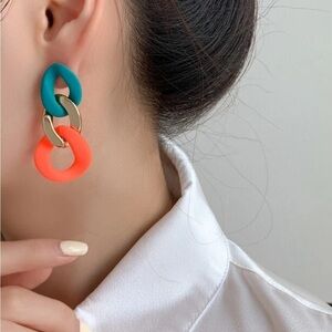 2/$30🌵 Teal Gold Neon Orange Drop Link Chain Earrings Geo Jewelry Gift NEW